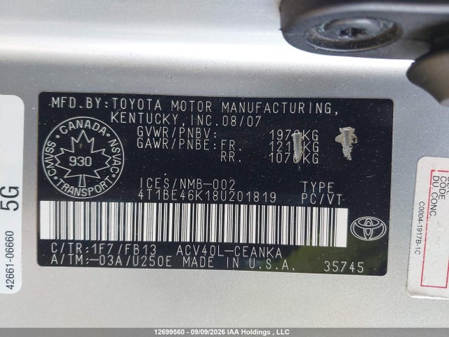 Продажа на аукционе авто 2008 Toyota Camry Le, vin: 4T1BE46K18U201819, номер лота: 12699560
