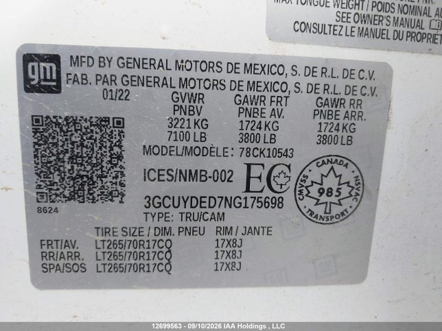 12699563 :رقم المزاد ، 3GCUYDED7NG175698 vin ، 2022 Chevrolet Silverado Ltd K1500 Lt مزاد بيع