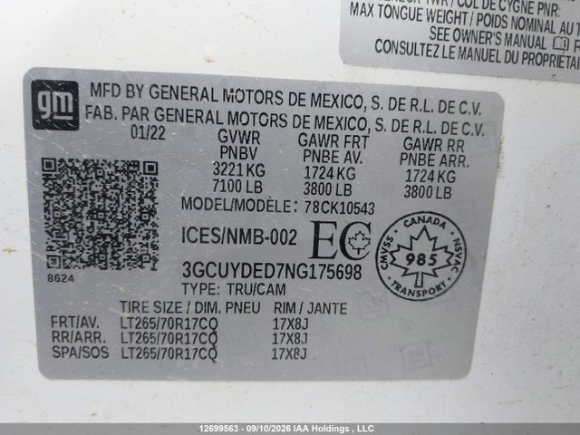 12699563 :رقم المزاد ، 3GCUYDED7NG175698 vin ، 2022 Chevrolet Silverado Ltd K1500 Lt مزاد بيع