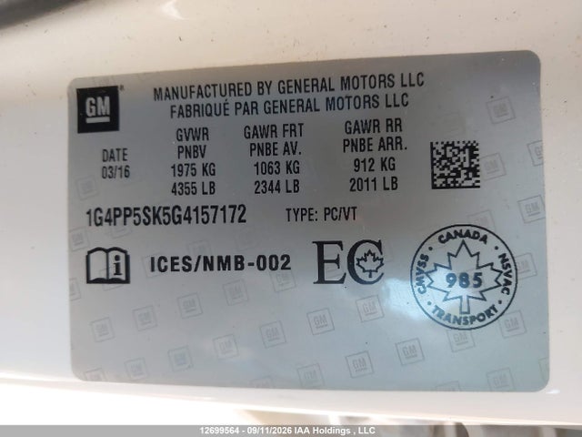12699564 :رقم المزاد ، 1G4PP5SK5G4157172 vin ، 2016 Buick Verano مزاد بيع