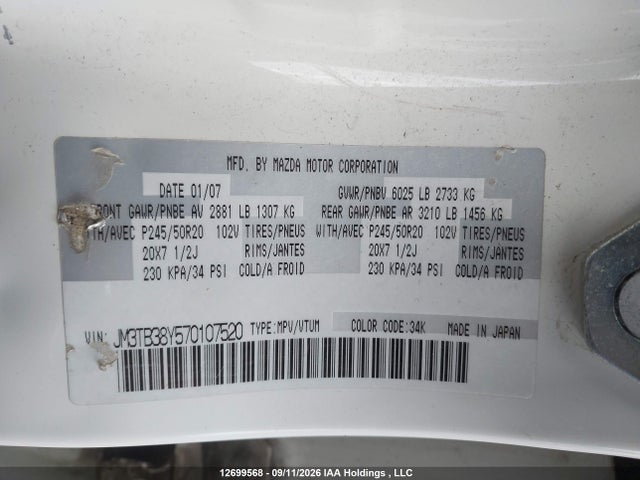 Продажа на аукционе авто 2007 Mazda Cx-9, vin: JM3TB38Y570107520, номер лота: 12699568