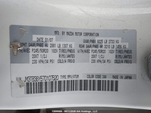 Продажа на аукционе авто 2007 Mazda Cx-9, vin: JM3TB38Y570107520, номер лота: 12699568