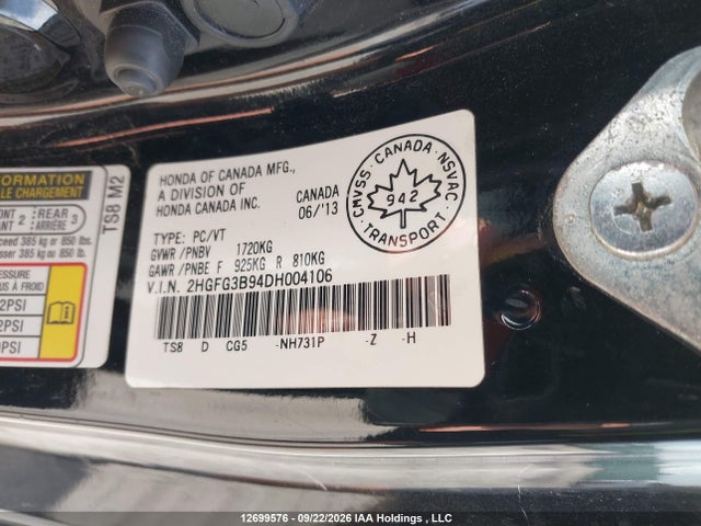12699576 :رقم المزاد ، 2HGFG3B94DH004106 vin ، 2013 Honda Civic Ex-l Navi مزاد بيع