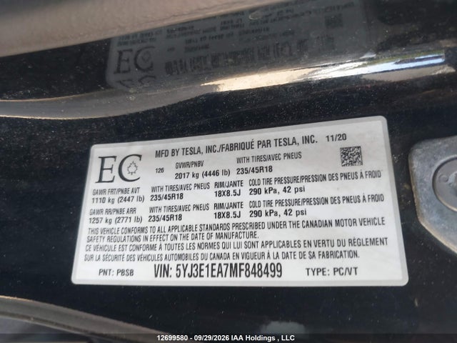 Продажа на аукционе авто 2021 Tesla Model 3, vin: 5YJ3E1EA7MF848499, номер лота: 12699580