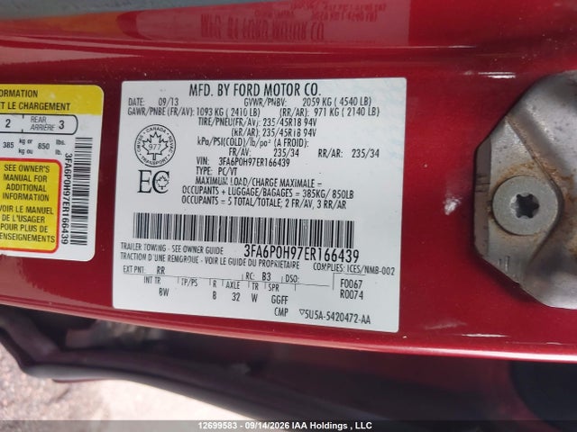 12699583 :رقم المزاد ، 3FA6P0H97ER166439 vin ، 2014 Ford Fusion Se مزاد بيع