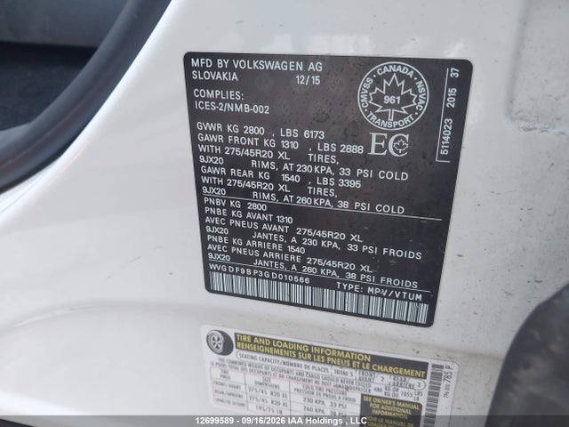 Продажа на аукционе авто 2016 Volkswagen Touareg Highline/execline W/rline, vin: WVGDF9BP3GD010566, номер лота: 12699589