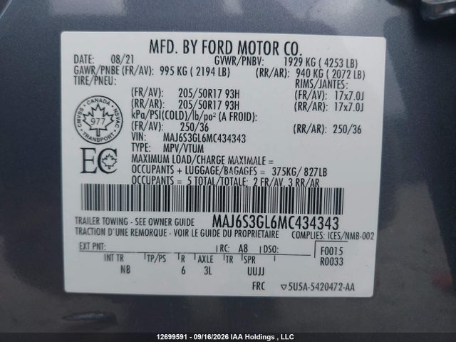 2021 Ford Ecosport მანქანა იყიდება აუქციონზე, vin: MAJ6S3GL6MC434343, აუქციონის ნომერი: 12699591