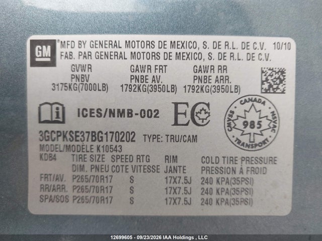 Продаж на аукціоні авто 2011 Chevrolet Silverado 1500 Lt, vin: 3GCPKSE37BG170202, номер лоту: 12699605