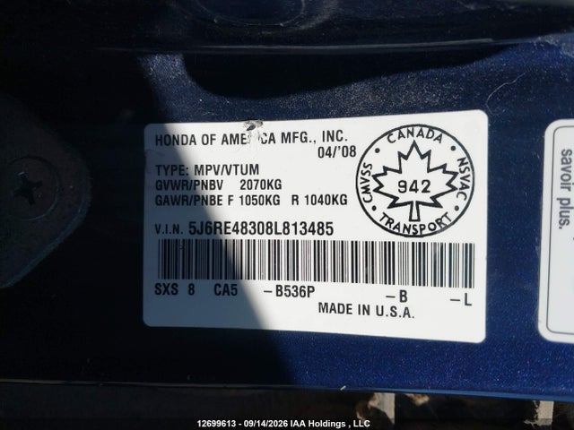Aukcja sprzedaży 2008 Honda Cr-v Lx, vin: 5J6RE48308L813485, numer aukcji: 12699613