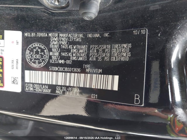 Auction sale of the 2011 Toyota Sienna Xle/limited, vin: 5TDDK3DC3BS013696, lot number: 12699614