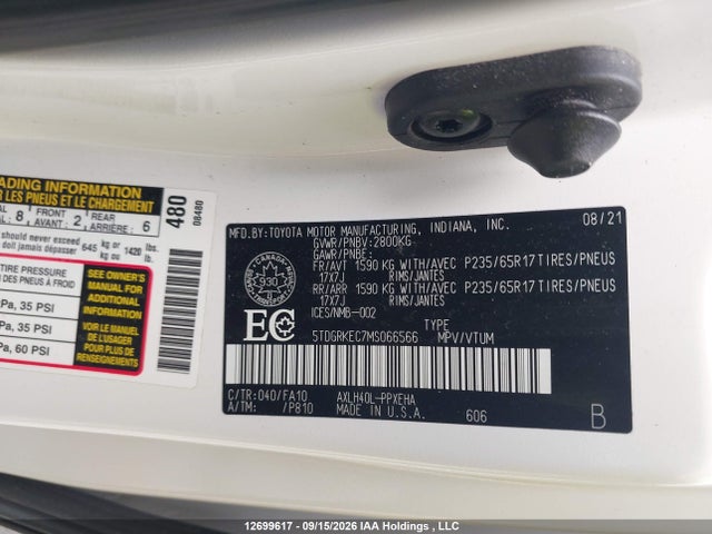Aukcja sprzedaży 2021 Toyota Sienna Le/xle/xse/limited/platinum, vin: 5TDGRKEC7MS066566, numer aukcji: 12699617