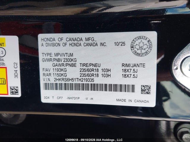 Продаж на аукціоні авто 2026 Honda Cr-v, vin: 2HKRS6H51TH219335, номер лоту: 12699618