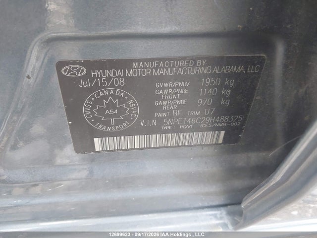 2009 Hyundai Sonata Gl/gl Premium/gl Sport/limited მანქანა იყიდება აუქციონზე, vin: 5NPET46C29H488325, აუქციონის ნომერი: 12699623
