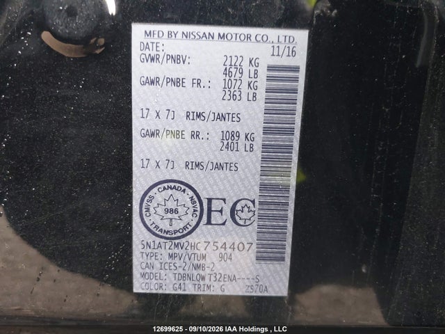 5N1AT2MV2HC754407 Nissan Rogue S/sl Platinum/sv
