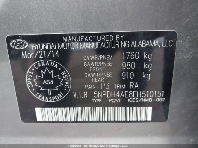 Aukcja sprzedaży 2014 Hyundai Elantra Se/sport/limited, vin: 5NPDH4AE8EH510151, numer aukcji: 12699644