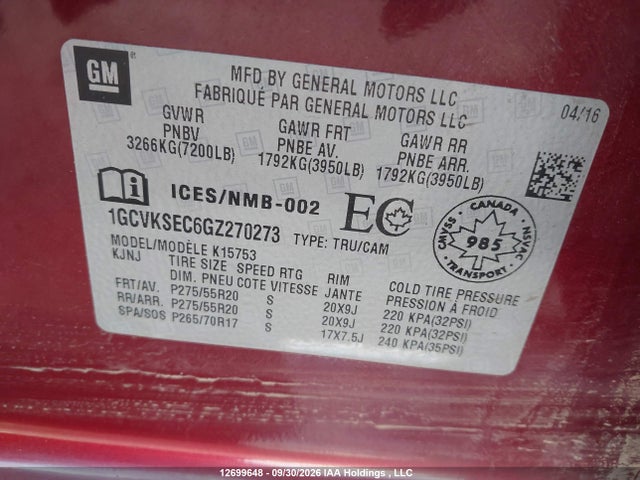 2016 Chevrolet Silverado 1500 მანქანა იყიდება აუქციონზე, vin: 1GCVKSEC6GZ270273, აუქციონის ნომერი: 12699648