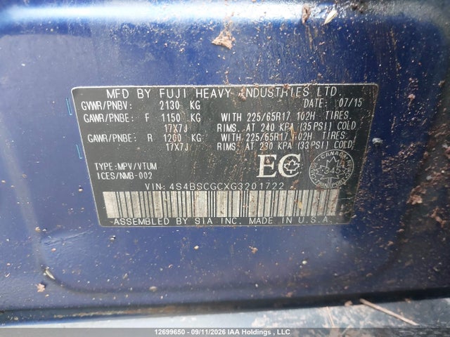 12699650 :رقم المزاد ، 4S4BSCGCXG3201722 vin ، 2016 Subaru Outback 2.5i Limited Package مزاد بيع