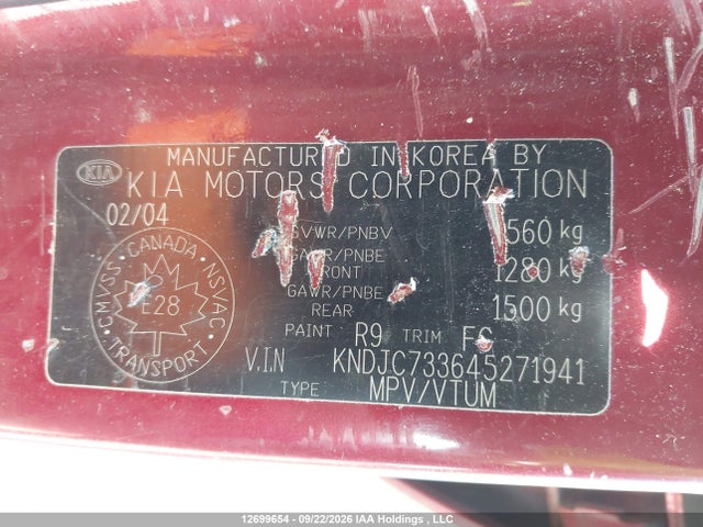 12699654 :رقم المزاد ، KNDJC733645271941 vin ، 2004 Kia Sorento Ex/lx مزاد بيع
