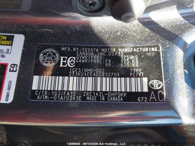 2012 Toyota Corolla Matrix მანქანა იყიდება აუქციონზე, vin: 2T1KU4EE4CC832704, აუქციონის ნომერი: 12699658