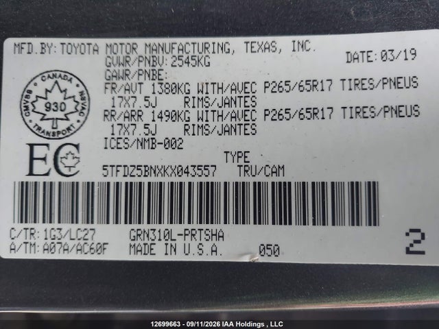 12699663 :رقم المزاد ، 5TFDZ5BNXKX043557 vin ، 2019 Toyota Tacoma Double Cab/sr5/trd Sport/trd Off Road مزاد بيع