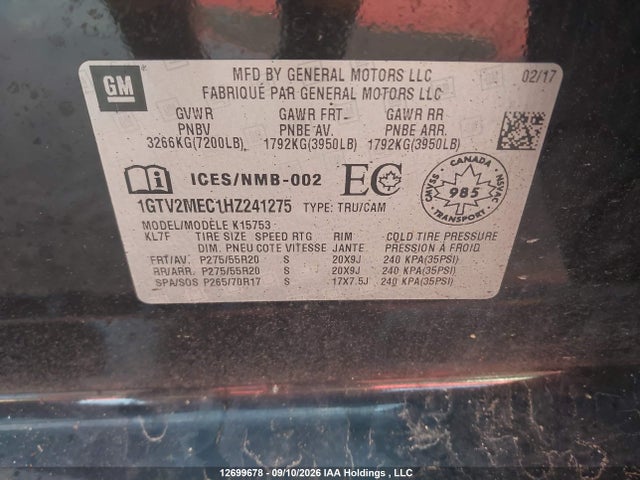 Aukcja sprzedaży 2017 Gmc Sierra 1500, vin: 1GTV2MEC1HZ241275, numer aukcji: 12699678