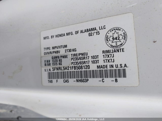 Honda ODYSSEY LX 2015 5FNRL5H21FB508120 Image 9