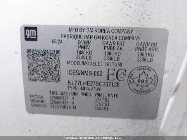 12699694 :رقم المزاد ، KL77LHE27SC107138 vin ، 2025 Chevrolet Trax Lt Fwd مزاد بيع