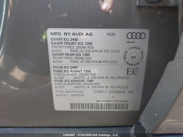 Aukcja sprzedaży 2023 Audi Q5 45 Technik, vin: WA1FAAFY3P2052855, numer aukcji: 12644867