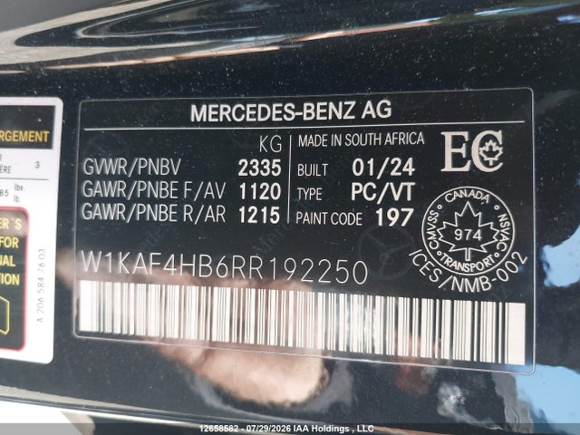 2024 Mercedes-benz C 300 4matic მანქანა იყიდება აუქციონზე, vin: W1KAF4HB6RR192250, აუქციონის ნომერი: 12658582