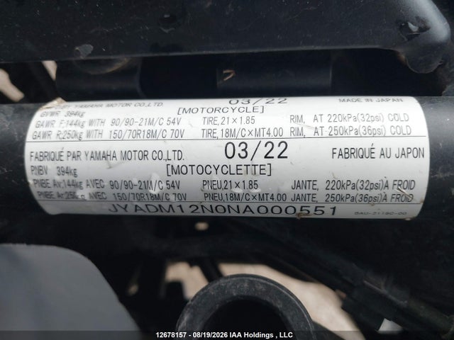 Yamaha Xtz690 2022 JYADM12N0NA000551 Image 10