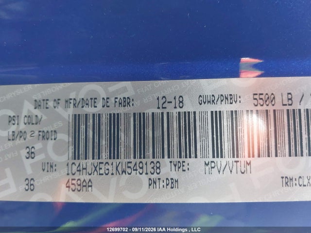 12699702 :رقم المزاد ، 1C4HJXEG1KW549138 vin ، 2019 Jeep Wrangler Unlimited Sahara مزاد بيع