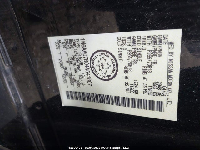 Продаж на аукціоні авто 2004 Nissan Titan Xe, vin: 1N6AA07B04N541807, номер лоту: 12696135