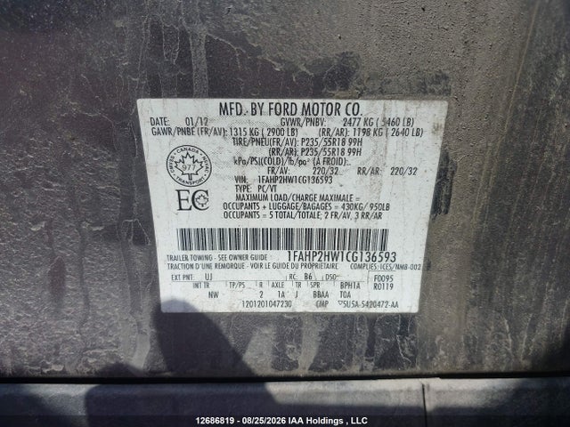 Продажа на аукционе авто 2012 Ford Taurus Sel, vin: 1FAHP2HW1CG136593, номер лота: 12686819