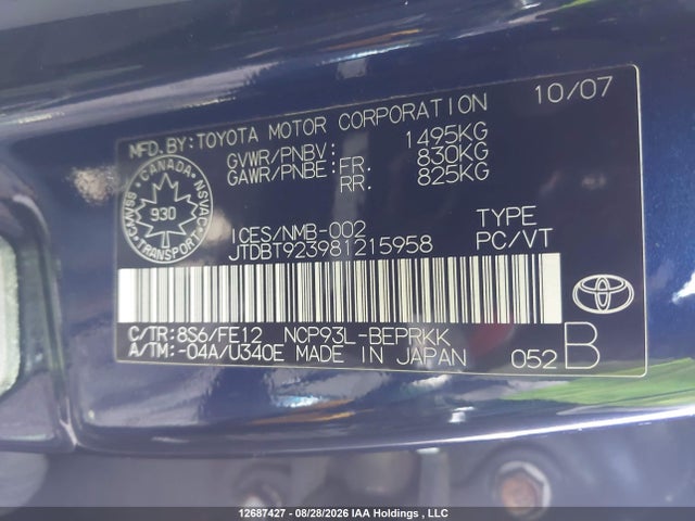12687427 :رقم المزاد ، JTDBT923981215958 vin ، 2008 Toyota Yaris مزاد بيع