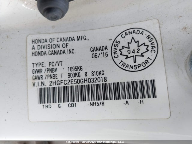 Auction sale of the 2016 Honda Civic Lx, vin: 2HGFC2E50GH032018, lot number: 12689980