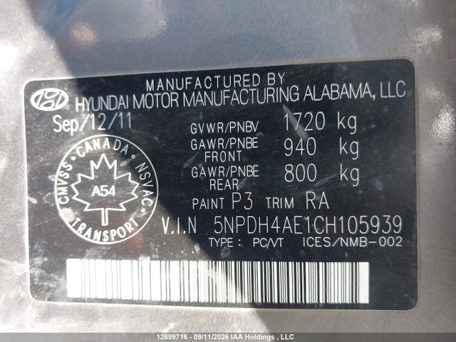 Aukcja sprzedaży 2012 Hyundai Elantra Gls/limited, vin: 5NPDH4AE1CH105939, numer aukcji: 12699716