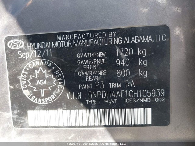 Aukcja sprzedaży 2012 Hyundai Elantra Gls/limited, vin: 5NPDH4AE1CH105939, numer aukcji: 12699716