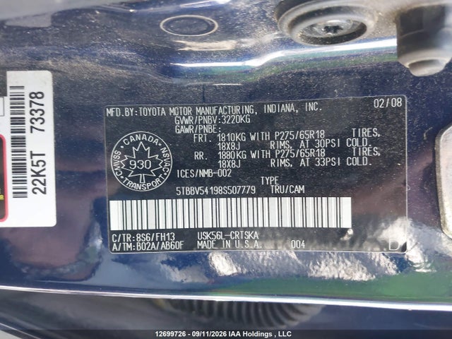 Aukcja sprzedaży 2008 Toyota Tundra Sr5 5.7l V8, vin: 5TBBV54198S507779, numer aukcji: 12699726
