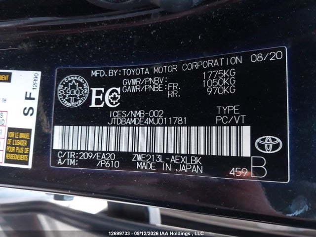 Продажа на аукционе авто 2021 Toyota Corolla Hybrid, vin: JTDBAMDE4MJ011781, номер лота: 12699733