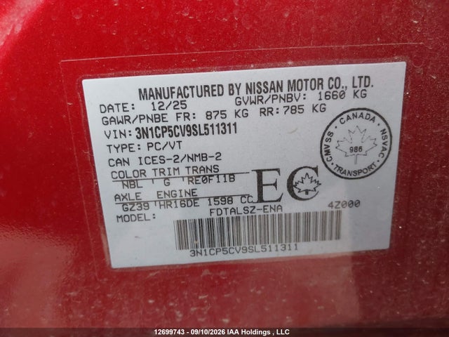 Aukcja sprzedaży 2025 Nissan Kicks Play Sv Cvt, vin: 3N1CP5CV9SL511311, numer aukcji: 12699743