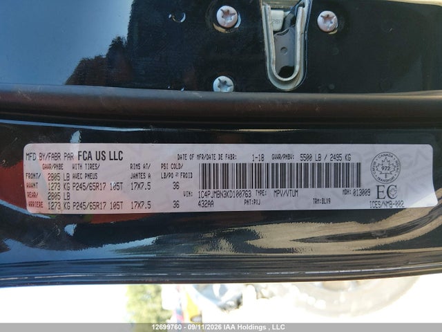 Продаж на аукціоні авто 2019 Jeep Cherokee, vin: 1C4PJMBN3KD100763, номер лоту: 12699760
