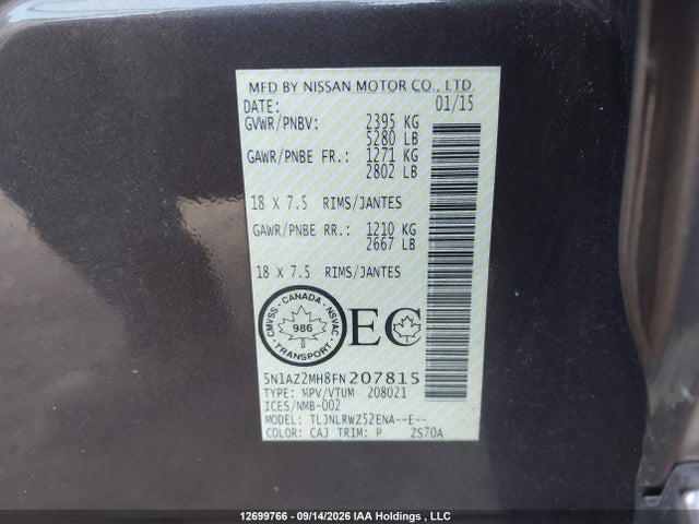 Продаж на аукціоні авто 2015 Nissan Murano Platinum/sl/sv, vin: 5N1AZ2MH8FN207815, номер лоту: 12699766