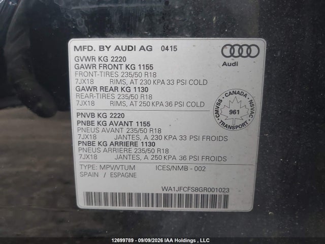 12699789 :رقم المزاد ، WA1JFCFS8GR001023 vin ، 2016 Audi Q3 2.0t Progressiv مزاد بيع