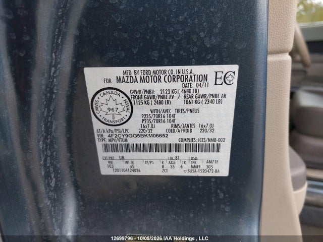 12699796 :رقم المزاد ، 4F2CY9GG5BKM06652 vin ، 2011 Mazda Tribute مزاد بيع