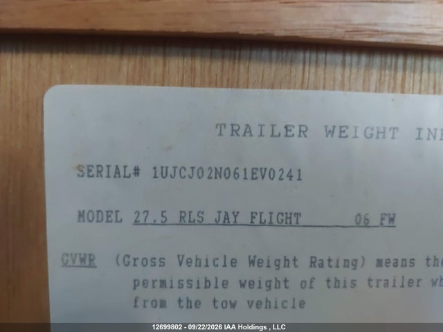 12699802 :رقم المزاد ، 1UJCJ02N061EV0241 vin ، 2006 Jayco Jay Flight مزاد بيع