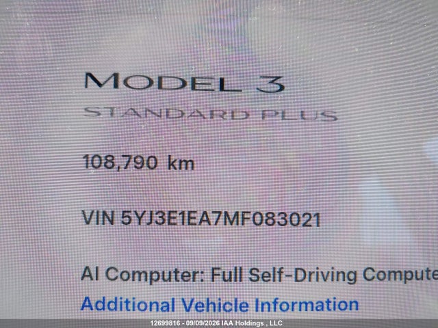 12699816 :رقم المزاد ، 5YJ3E1EA7MF083021 vin ، 2021 Tesla Model 3 مزاد بيع