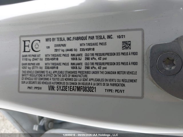 12699816 :رقم المزاد ، 5YJ3E1EA7MF083021 vin ، 2021 Tesla Model 3 مزاد بيع