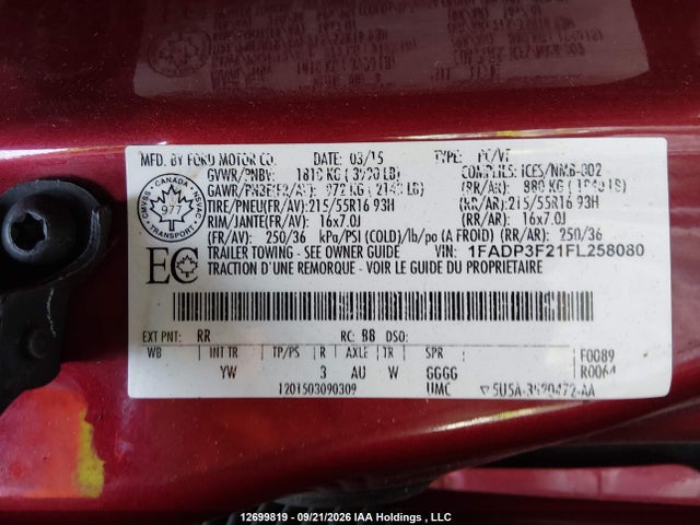 Auction sale of the 2015 Ford Focus, vin: 1FADP3F21FL258080, lot number: 12699819