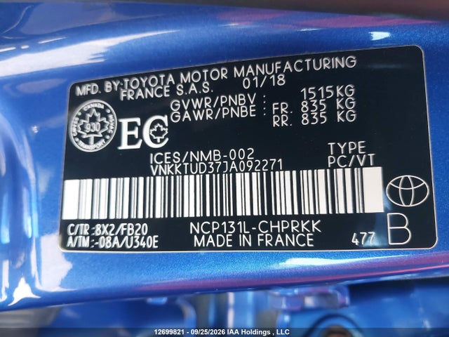 2018 Toyota Yaris Le მანქანა იყიდება აუქციონზე, vin: VNKKTUD37JA092271, აუქციონის ნომერი: 12699821
