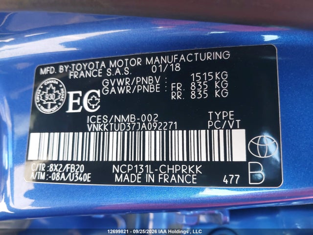 2018 Toyota Yaris Le მანქანა იყიდება აუქციონზე, vin: VNKKTUD37JA092271, აუქციონის ნომერი: 12699821